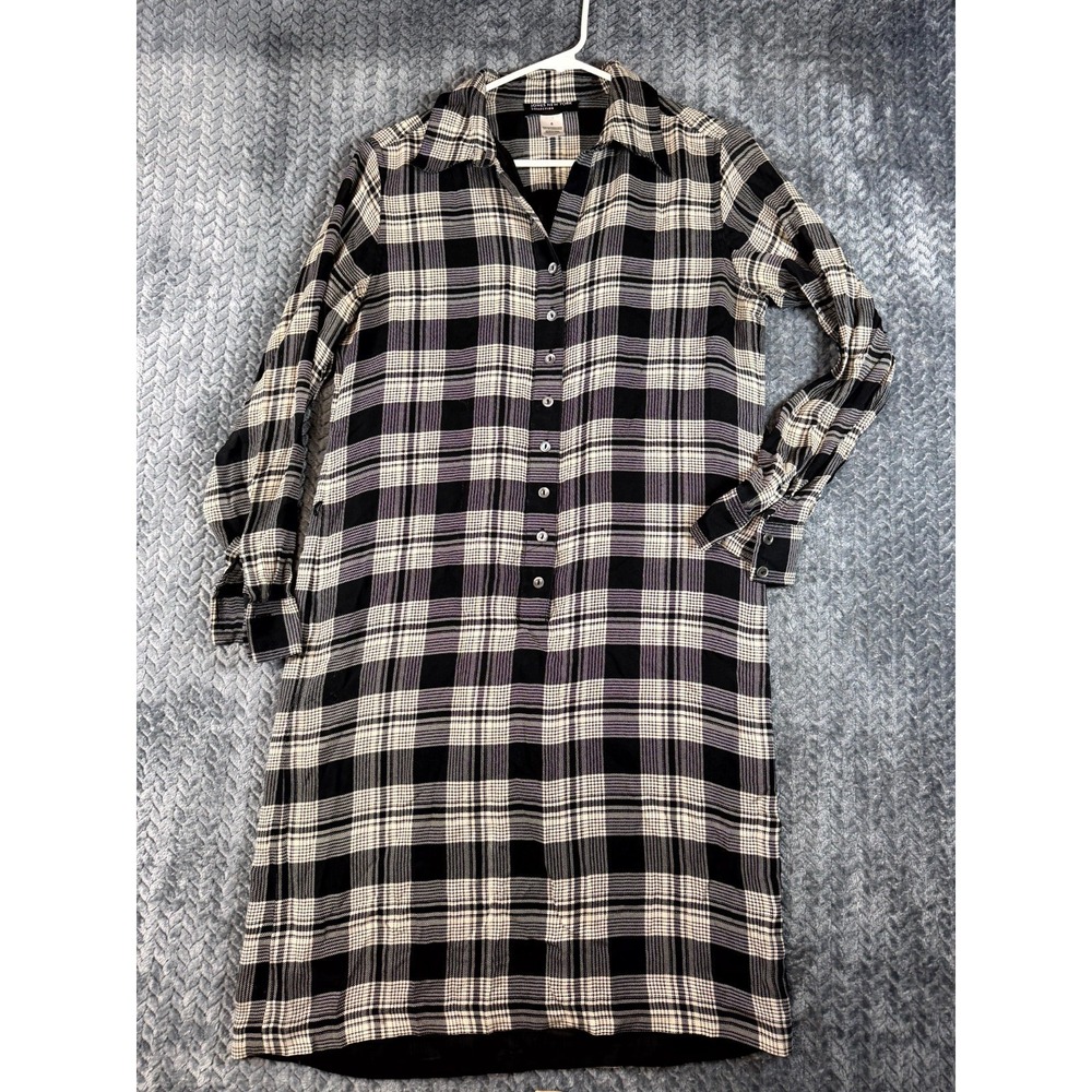 Jones New York Collection Flannel Shirt Dress Womens 6 Black White Plaid‎ Silk